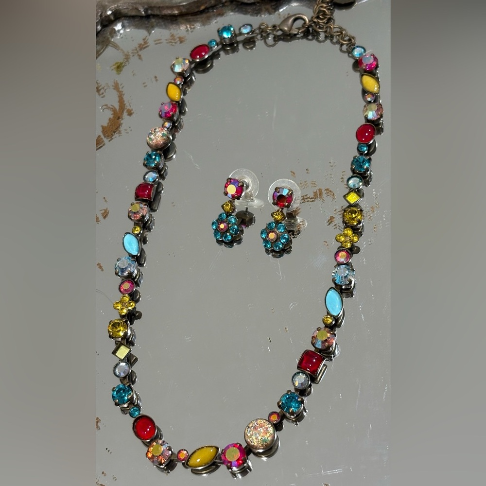 Sorrelli Multicolor Crystal Riviere Necklace & Floral Cluster Earring Set